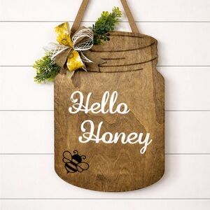 Wooden Mason Jar Wall Decor with 'Hello Honey'